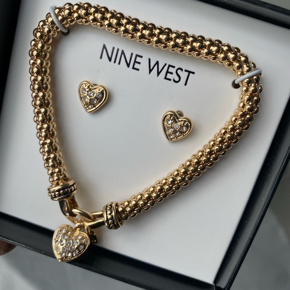 Nine West Pave Heart Bracelet & Stud Earring Set